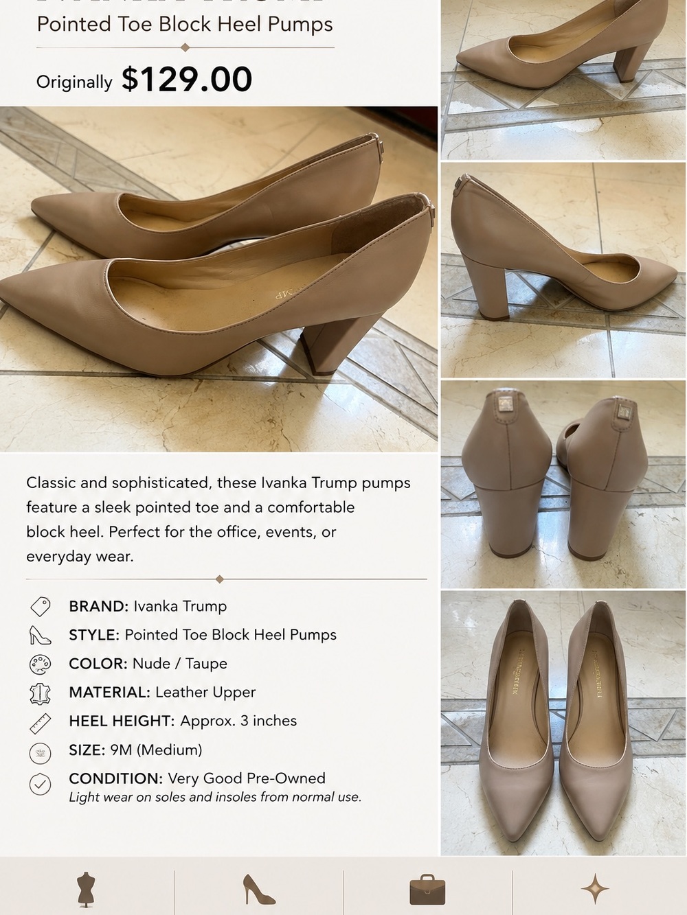 Ivanka Trump Nude/Taupe Leather Pointed Toe Block Heel Pumps – Size 9M